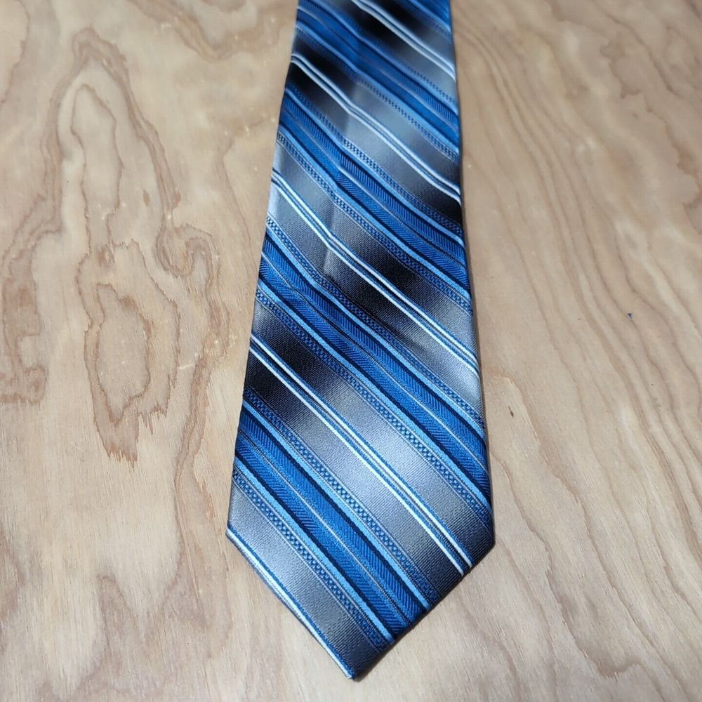 Bugatti Blue Black Gray White Bias‎ Stripes 100% Silk Necktie